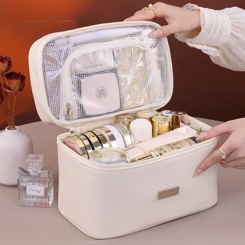 Borsa da donna Borsa cosmetica portatile in pelle PU - Astuccio per trucco durevole con cerniera, per pennelli, rossetti e elementi essenziali da viaggio