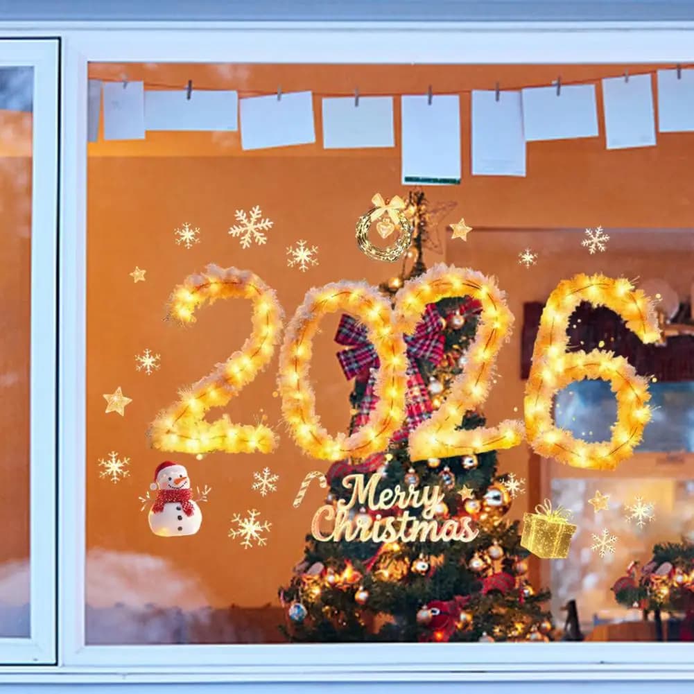 2026 Buon Natale Finestra Si aggrappa Adesivo PVC Natale Luce dorata Stringa Adesivo in vetro statico Decorazione per feste