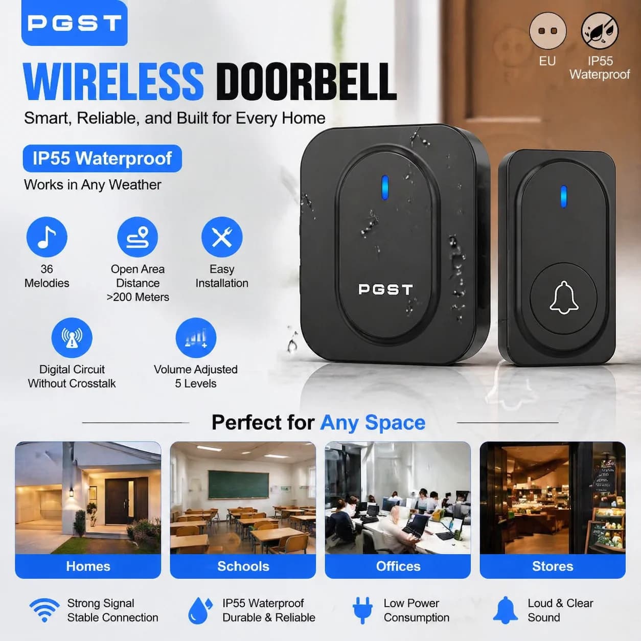 Campanello Wireless Intelligente PGST con LED, 36 Melodie, Allarme di Sicurezza Domestica, Campanello Impermeabile per Esterni, Facile Installazione Fai-da-Te