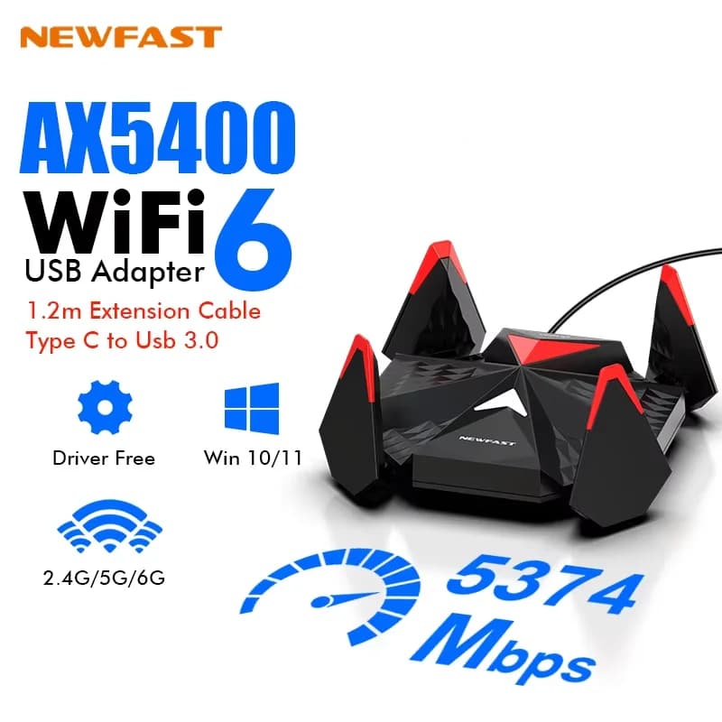 Nuovo Adattatore USB 3.0 Wi-Fi 6 AX5400 6G/5G/2G con Antenna ad Alto Guadagno per PC, Scheda di Rete Wi-Fi 6, Ricevitore e Cavo di Estensione