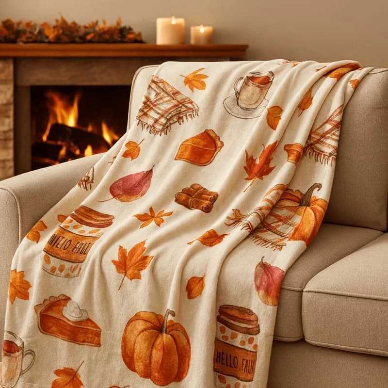 Watercolor Fall Harvest Throw Blanket,Maple Leaf Pumpkin Pie Coffee Cup Print Soft Warm Sofa Couch Cover,Cozy Autumn Blanket