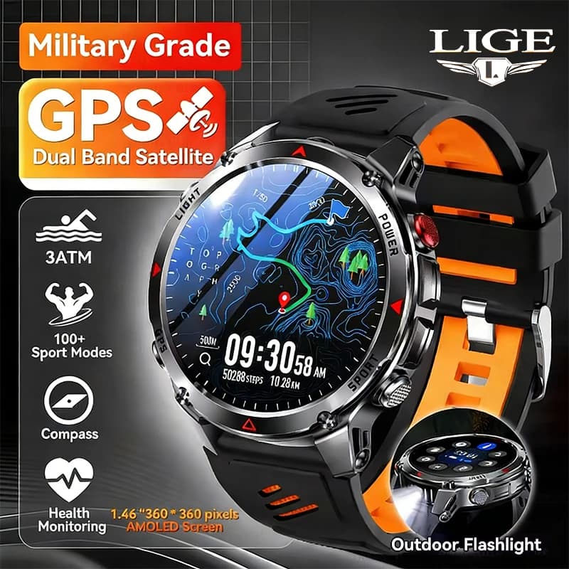 LIGE Nuovo Orologio Smart GPS Professionale per Sport all'Aperto, Corsa, Nuoto, con Bussola, Altimetro, Impermeabile 3ATM, Braccialetti Sportivi da Uomo