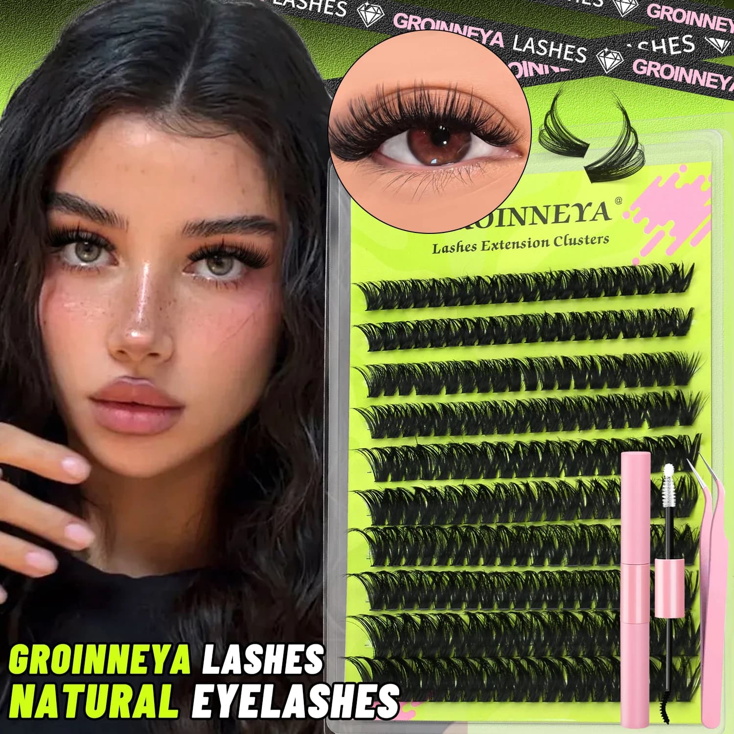 GROINNEYA Thick Lash Clusters Set DIY Fluffy Cluster Lashes Kit Full Set Individual Eyelashes Extension Soft Mink Lashes Makeup