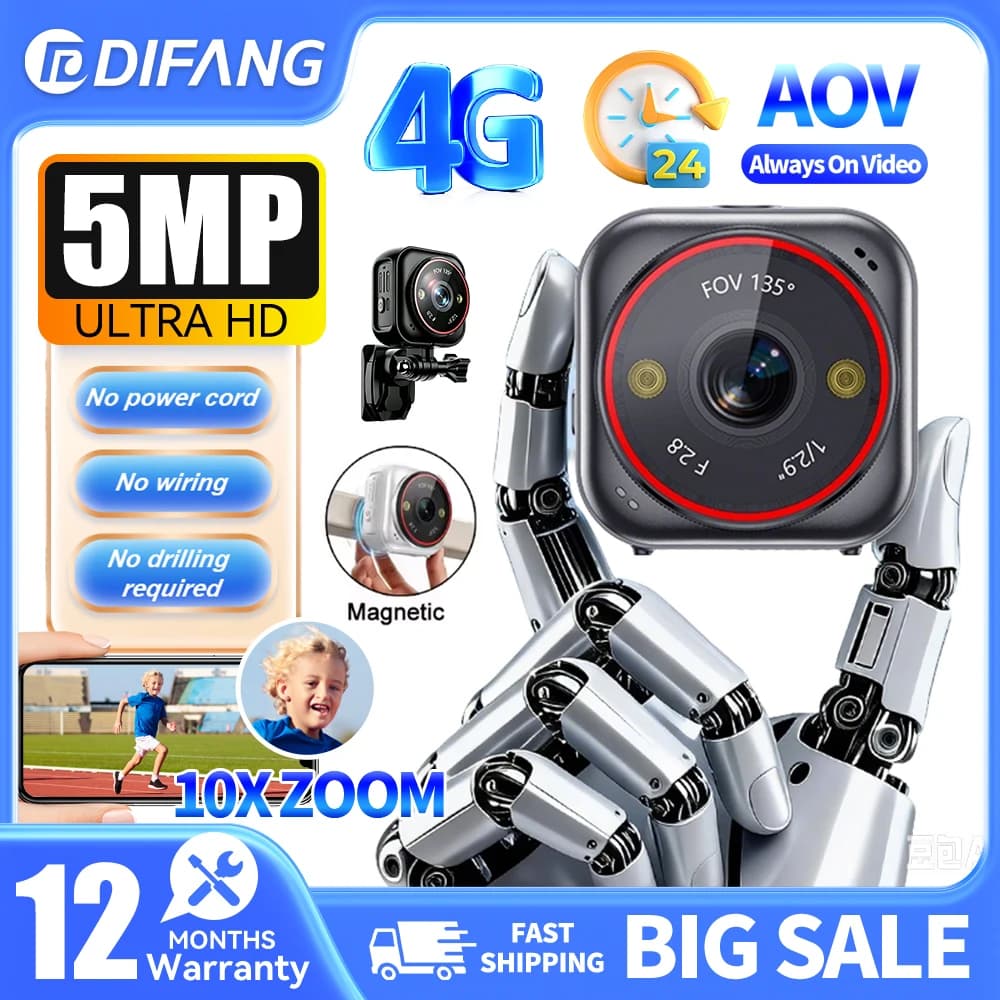5MP Mini Pocket Outdoor AOV Camera 4G SIM 135°Ultra Wide Angle Home Surveillance Camera 12X Optical Zoom Portable Action CCTV