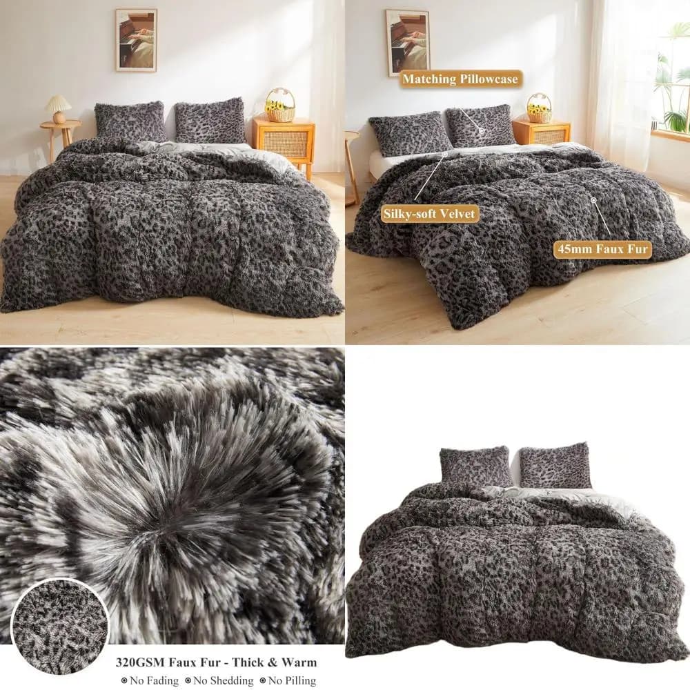 Set copripiumino soffice in pelliccia sintetica con stampa ghepardo, set di biancheria da letto sfocata pelosa in morbida peluche da 3 pezzi (1 piumino con stampa leopardata in pelliccia sintetica C