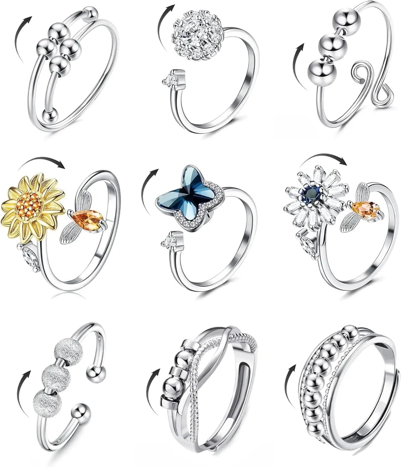 Anello Antistress Sailimue per Donne e Uomini, Anello Girevole Regolabile con Fiore CZ e Perline per Alleviare lo Stress