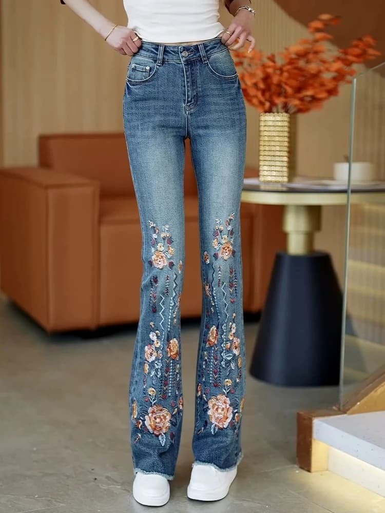 Women's Vintage Embroidered Floral Flare Jeans 2026 Spring High Waist Slim Fit Bootcut Denim Pants Streetwear