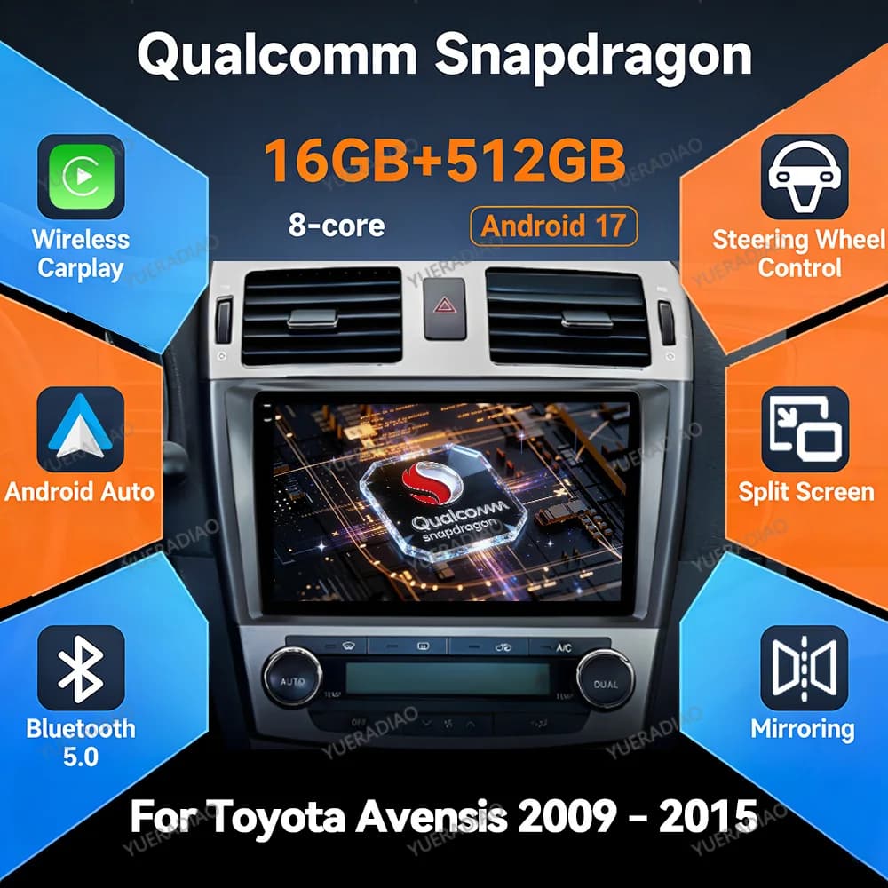 Android 17 Car Radio For Toyota Avensis 2003 - 2009 Head Unit GPS NAVI QLED 4G LTE 5G WIFI BT Multimedia Video Player Qualcomm