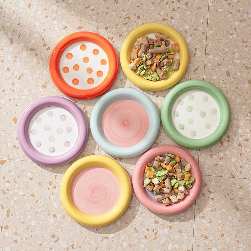 Pet Dishes Ceramic Large-Diameter Cat Food Plates anti Spill Dog Snack Bowls Cute Underglaze Colored Circular Polka Dot Style