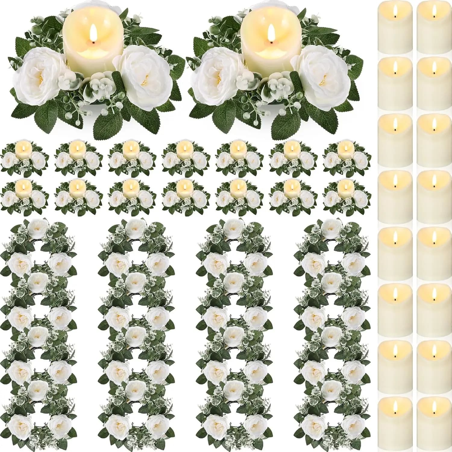 Set di 16 Ghirlande di Rose con Anelli per Candele, Centrotavola da 3 Pollici con Candele LED Senza Fiamma, Fiori Artificiali, Ghirlanda Elettrica Finta, Decorazioni per Tavoli di Matrimoni e Funerali, Bianco