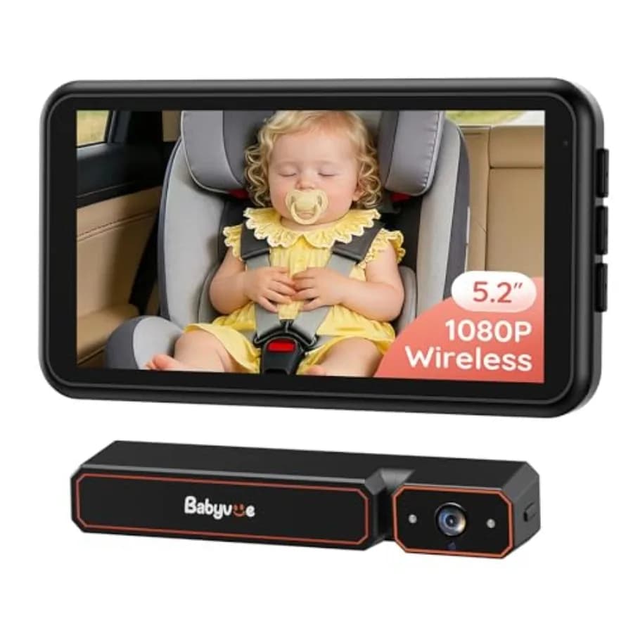 Babyvue Monitor Wireless per Auto con Display da 5,2 Pollici, Montaggio a Clip o con Cinghia, Visione Notturna IR HD 1080P, Zoom 3X, Nero