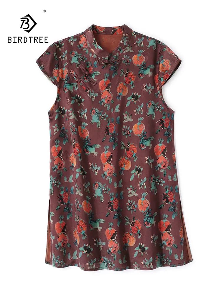 BirdTree-32MM Silk Watered Gauze Elegant Shirt, Stand Short Sleeve Cartoon, Women Retro Loose Blouse, 2026 Summer New T66664CC