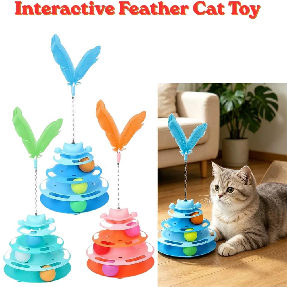Interactive Feather Rotating Tower Cat Toy Three-Layer Design Indoor Fun Play Accessories Christmas New Year Pet Gift