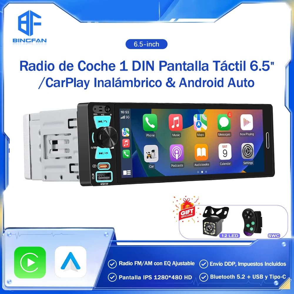 Autoradio Universal 1Din with CarPlay Wireless and Android AUTO, Screen Touch HD 6.5', Stereo FM, Multimedia MP5, BT, TF, Camera