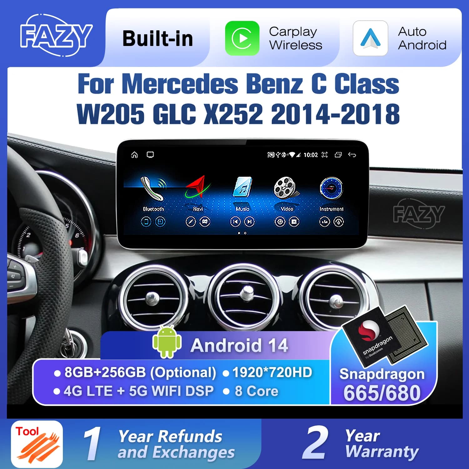Schermo Touch con Qualcomm 680 e Android 14, CarPlay Wireless per Mercedes Benz Classe C W205 GLC X253 2014-2018, Radio e Navigazione GPS per Auto