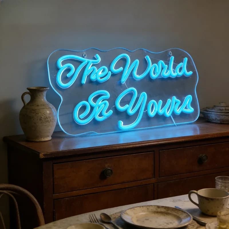 Insegna al Neon 'The World Is Yours', Luce Notturna LED Ricaricabile USB, Decorazione Estetica da Parete per Camera da Letto, Soggiorno, Caffè, Stile Bohémien