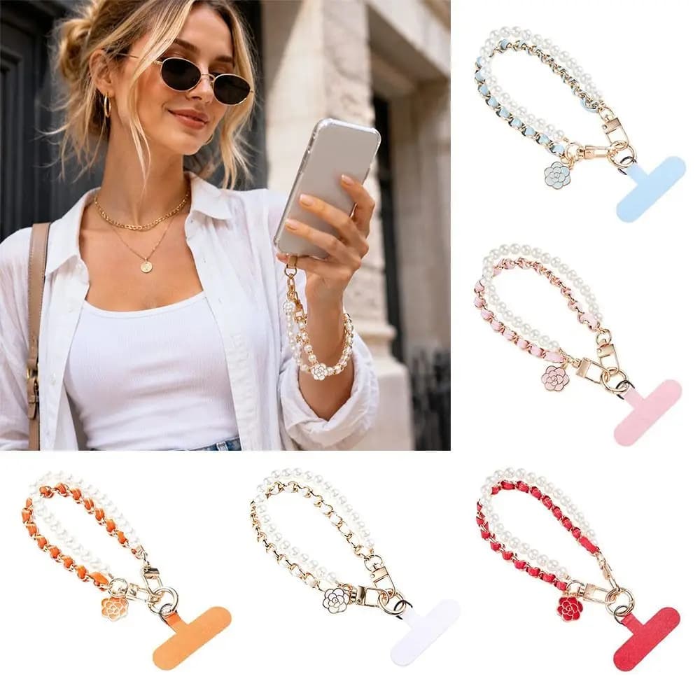 Gifts PU Pearl Phone Wrist Strap Metal Pearl Phone Chain Lanyard Colorblock Lightweight Mobile Phone Charm Daily Use