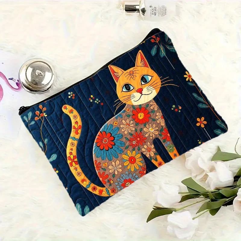 1 borsa per il trucco con stampa floreale e gatto, dal design originale - Pochette multifunzionale con cerniera per donna, perfetta borsa da viaggio con cerniera, divertente regalo di compleanno