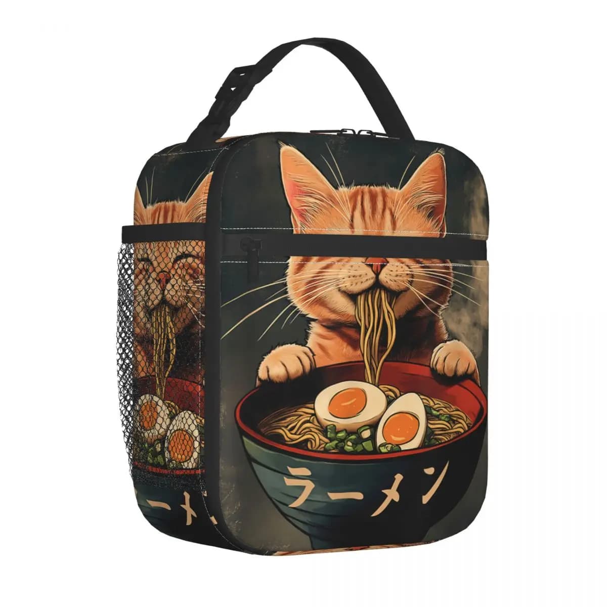 Japanese Black Cat Ramen Insulated Lunch Bag Kawaii Noodle Cat Food Container Bags Portable Cooler Thermal Bento Box For Work
