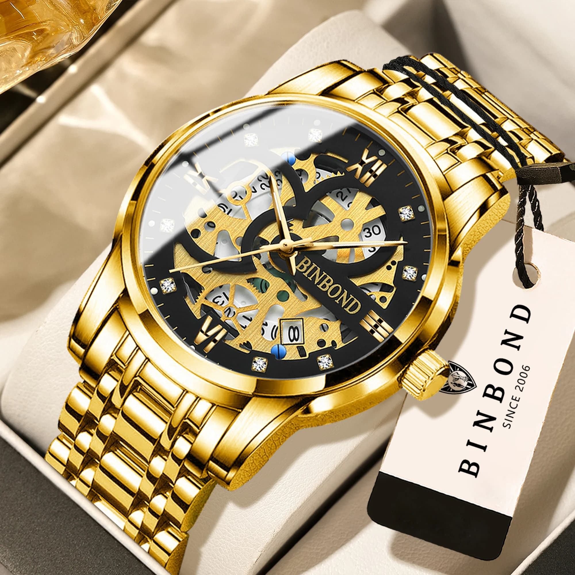 Orologi al quarzo di precisione BINBOND con design traforato per uomo, orologio da uomo di lusso, luminoso, impermeabile, alla moda, con data automatica, resistente.