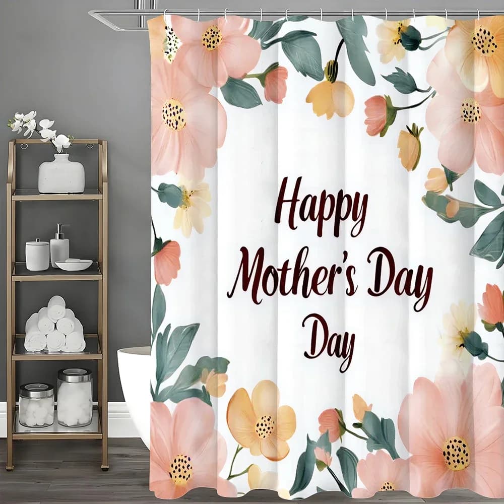 ~O~Tenda da doccia con testo floreale rosa per la festa della mamma, tenda da doccia decorativa per il bagno, tenda da doccia impermeabile con ganci