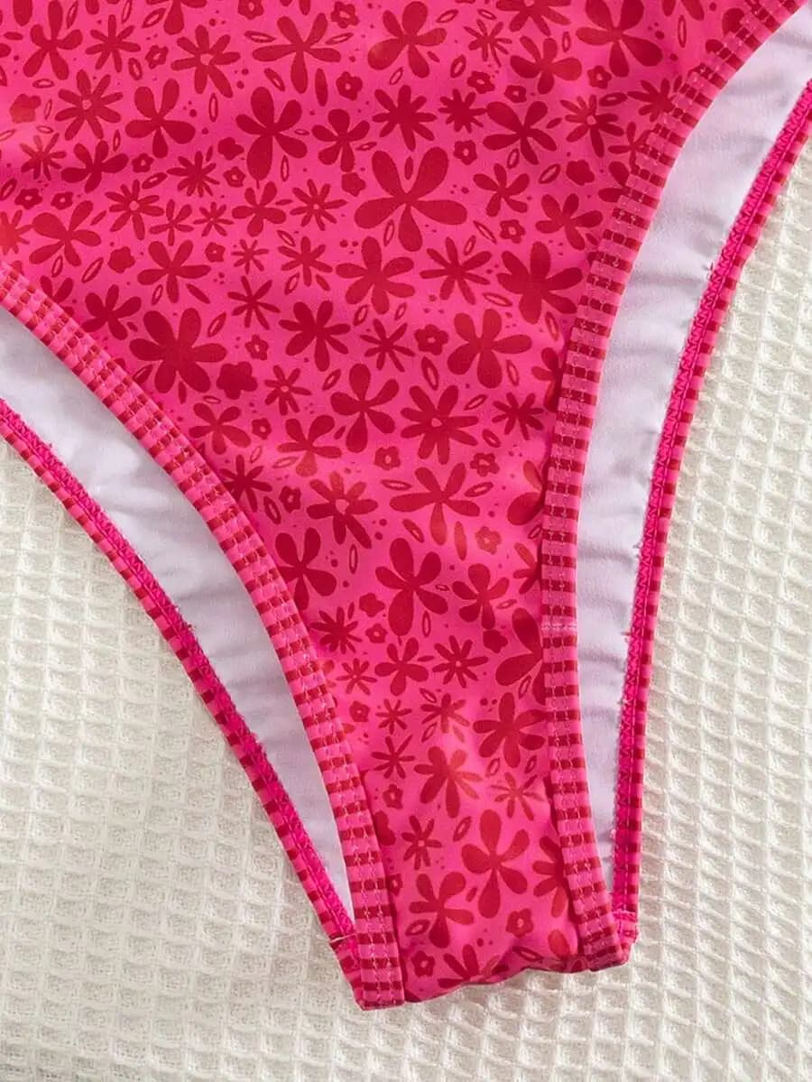 Costume da bagno intero con stampa floreale rosa per donna, con spalline sottili, schiena scoperta e busto arricciato
