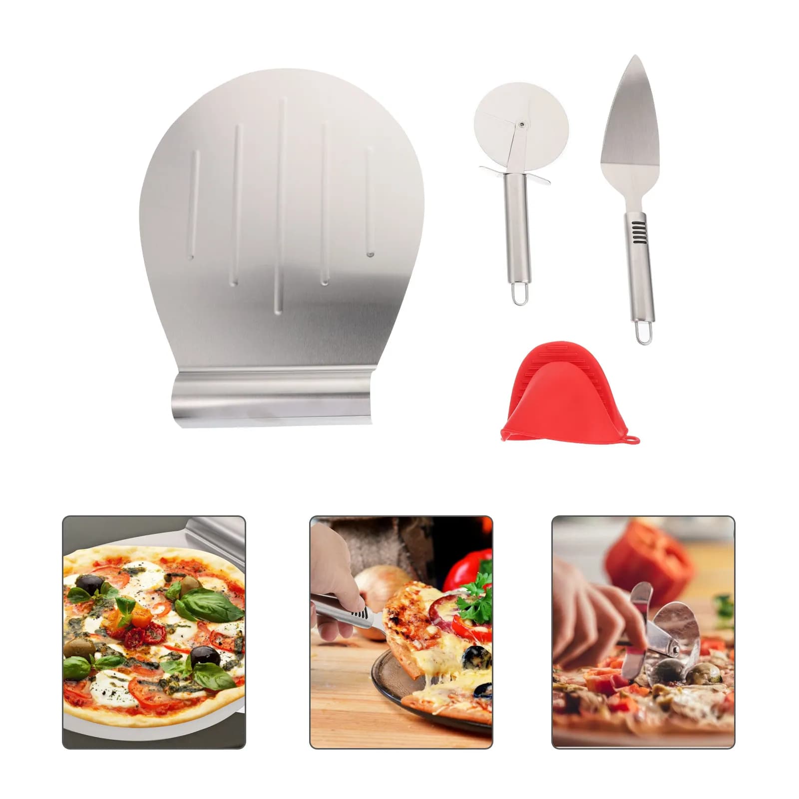 Set di 4 Spatole Robuste in Acciaio Inox per Trasferimento Pizza e Torte, con Manico Ergonomico per Forno e Preparazione Pizza
