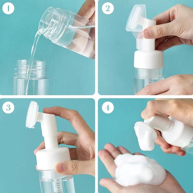 Flacone Schiumogeno da 100ml in Plastica per Detergente Viso con Dispenser a Pompa e Spazzola in Silicone, Ricaricabile per Shampoo