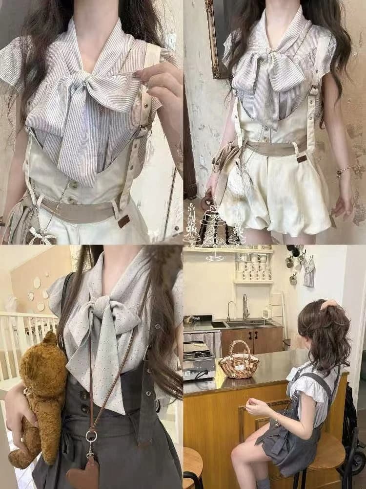 Japanese Kawaii Striped Bow Flutter Sleeve Blouse Suspender Shorts Two Piece Set Women Girls Petite Daily Wear Streetwear Outfit