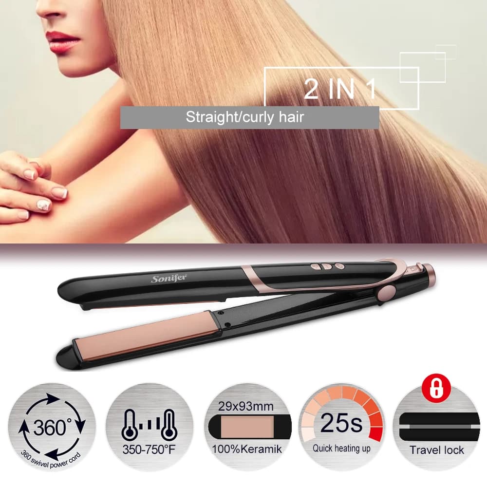 Hair Straightener Sonifer SF-9615 45W 2 in 1 Hair Curler Ceramic Plate Digital Display 130-235℃ Fast Heating for Home Styling