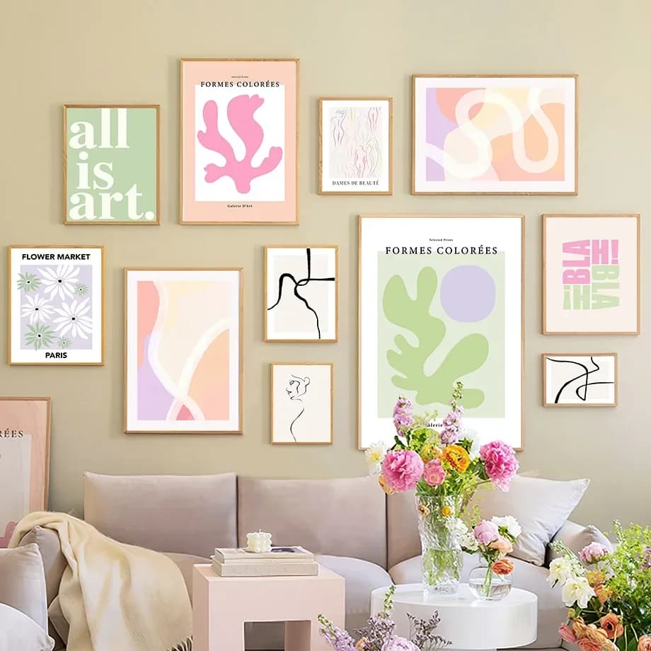 Spring Fresh Indie Pop Pink Green Flower Pastel Leaf Wall Print Diamond Painting Posters for Living Room Modern Home Decor