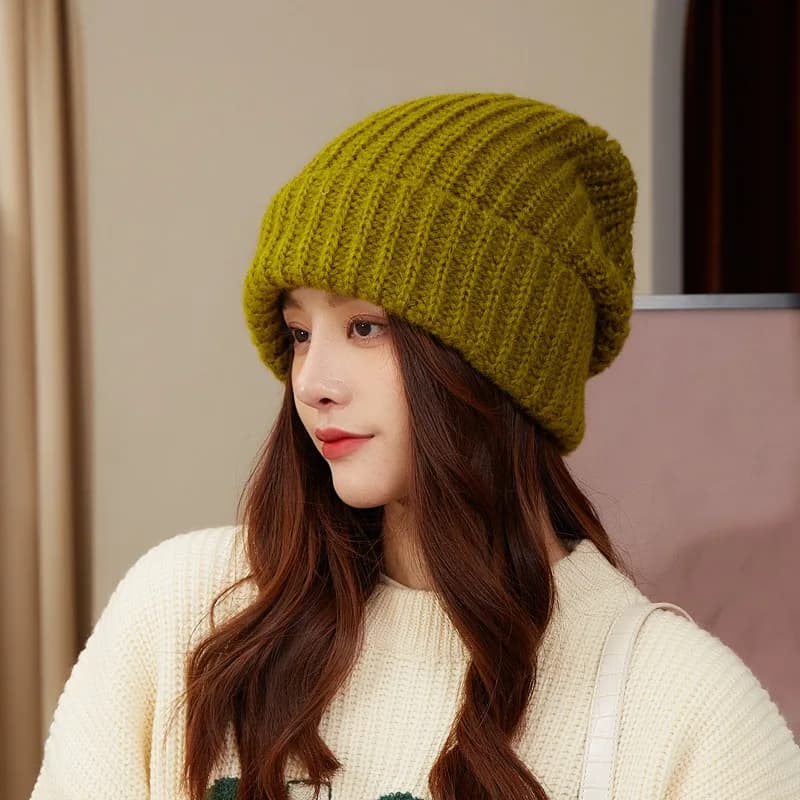 Cappello invernale lavorato a maglia con ago spesso per donna, viso piccolo, cappello di lana tinta unita, protezione calda e per le orecchie