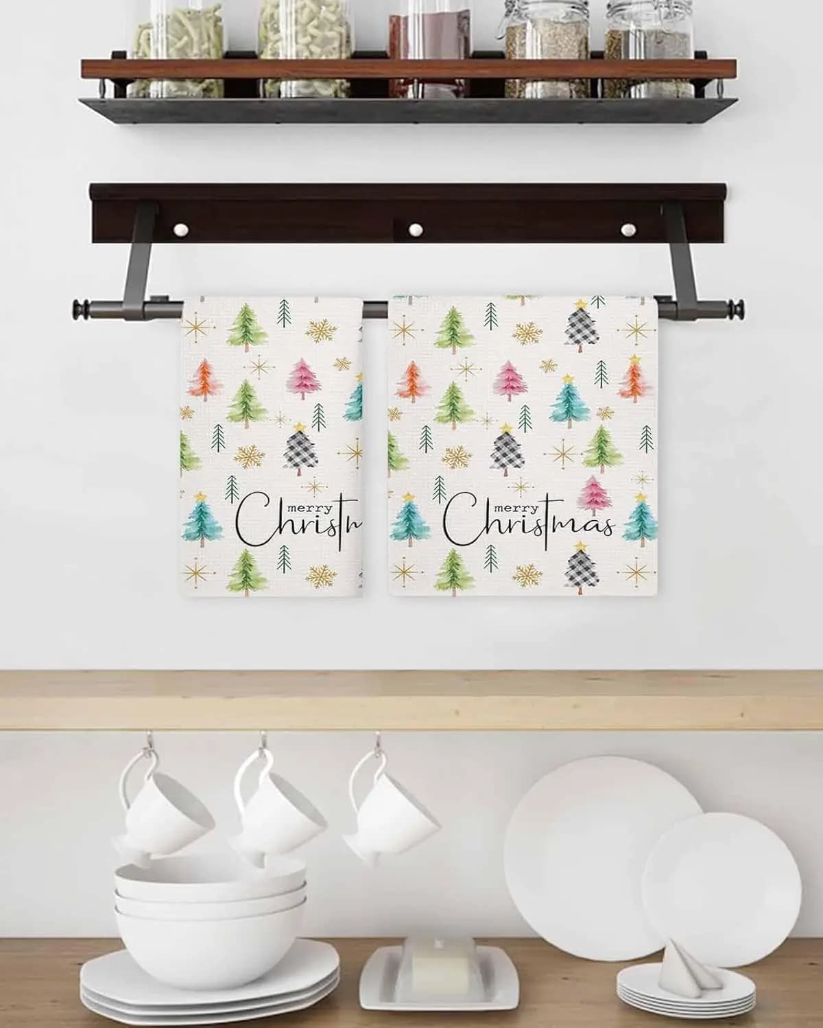 Christmas Cartoon Colorful Tree Kitchen Dish Towel Set Cleaning Supplies Quick Drying Bar Hand Dishcloths Navidad Decorations