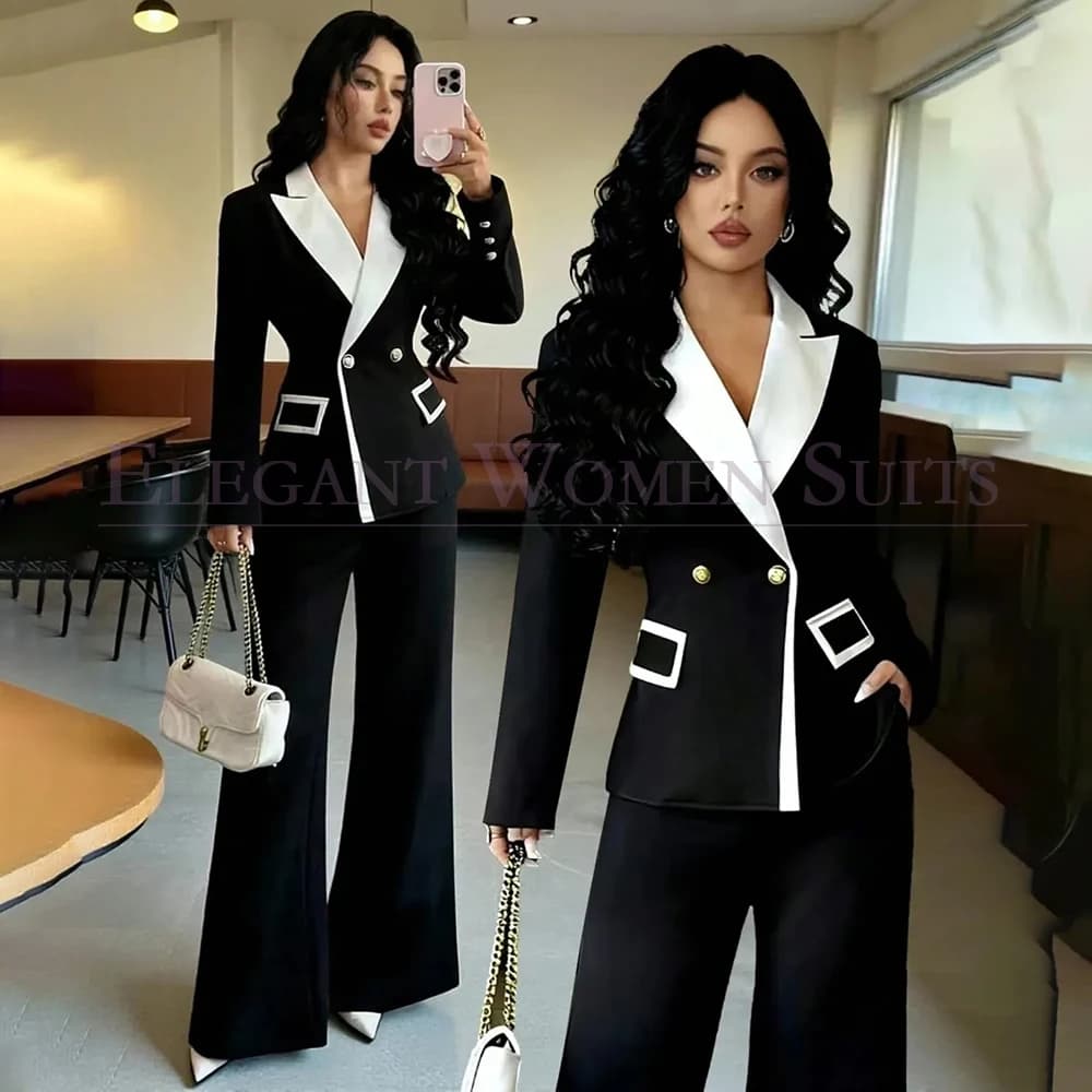 Completo da Donna di Lusso Nero, 2 Pezzi: Giacca e Pantaloni, Sartoriale, per Ufficio, Blazer Doppiopetto con Revers a Punta Bianchi