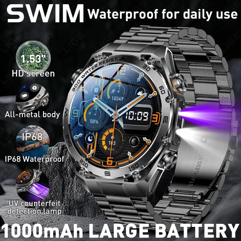 Men Military Smart Watch 2026 New Outdoor Sport Flashlight IP68 Waterproof Bluetooth Call Fitness Tracking UV Light Smartwatch
