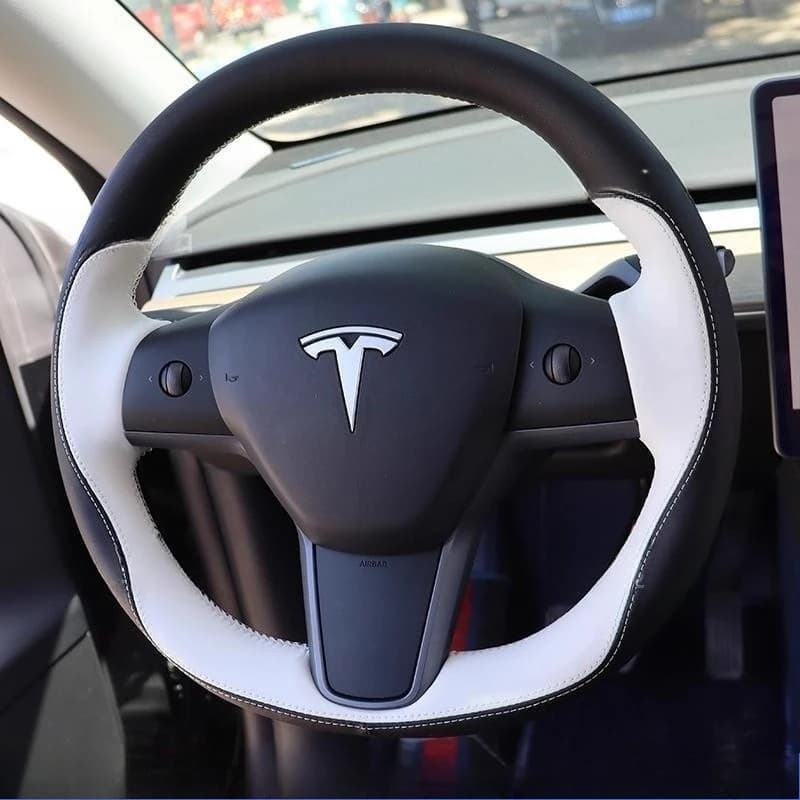 Coprivolante per auto in vera pelle bianca nera cucita a mano stile sportivo 100% adatto per Tesla Model Y/3 2017-2020