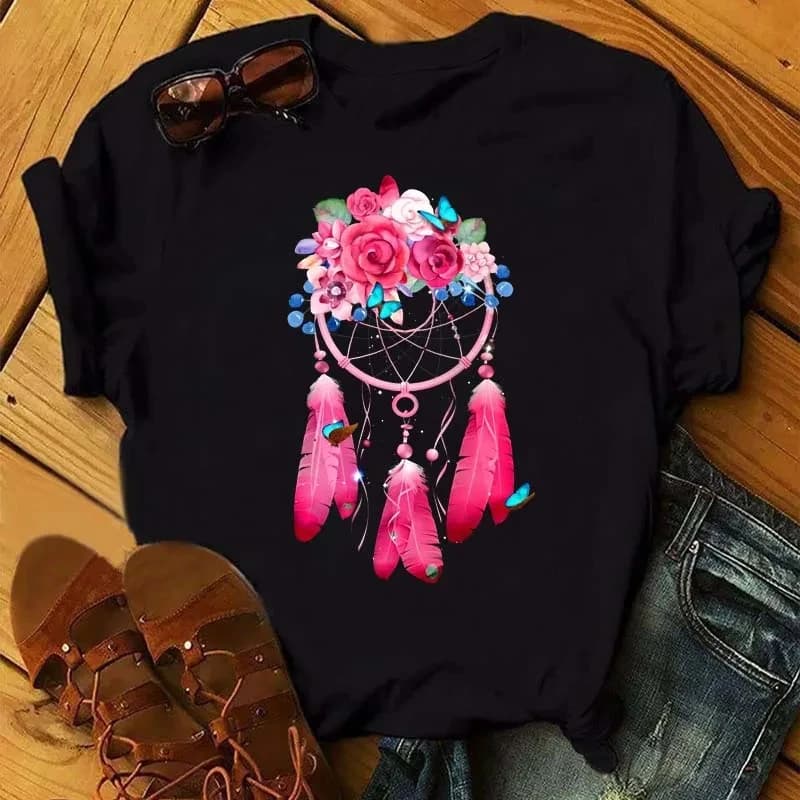 Cotton Children's T-shirt Fashion Feather Dream Catcher Net Printed Parent Child Wear Men's and Women's Short Sleeves 2026