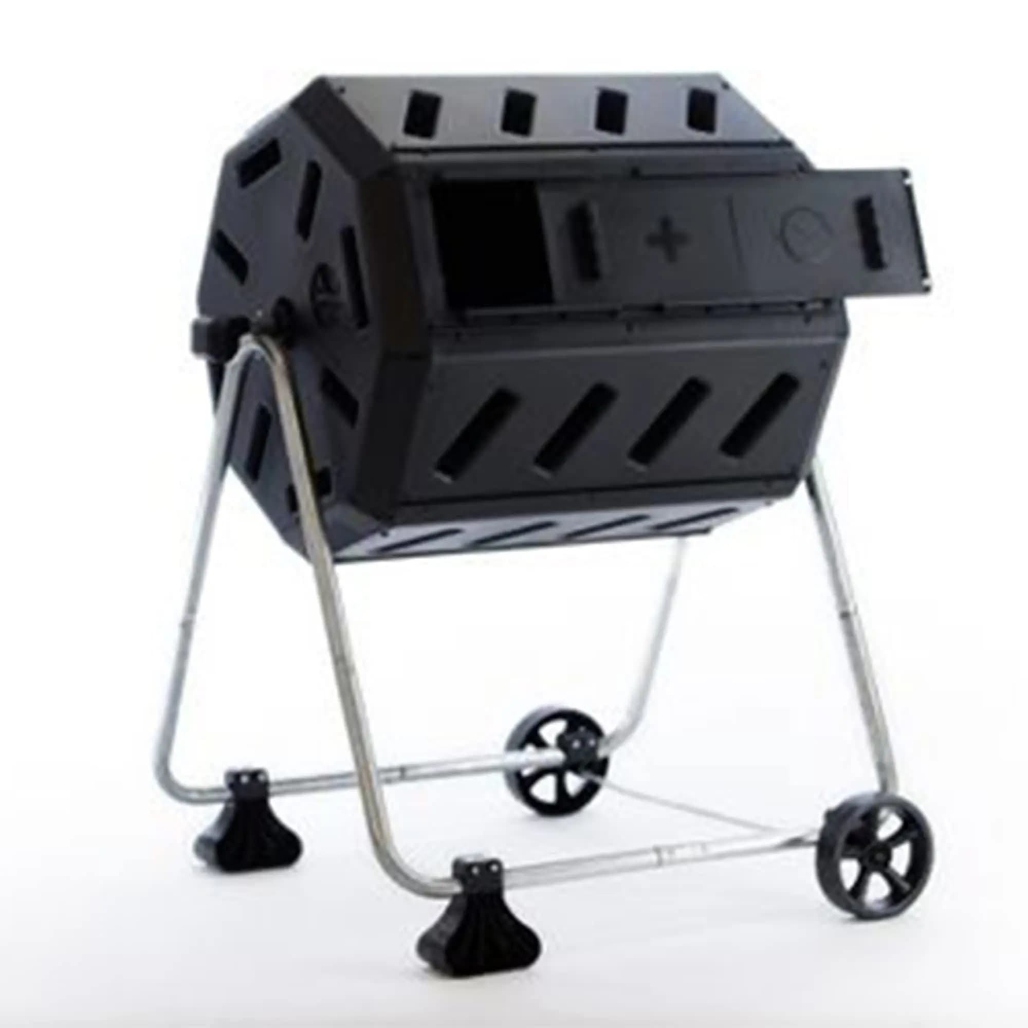 IM4000-WK 37 Gallon Plastic Dual Chamber Tumbling Composter Outdoor Elevated Rotating Garden Compost Bin with Wheels