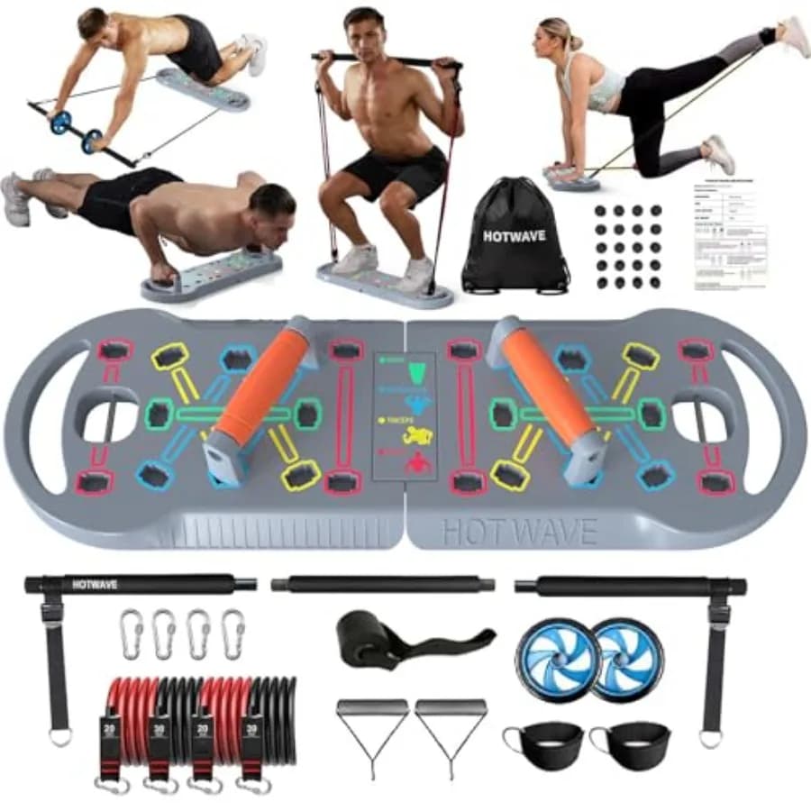 Portable home training equipment with 16 gym accessories, fitness set 20 in 1 with table for push-ups, resistance bands and abdominal wheel