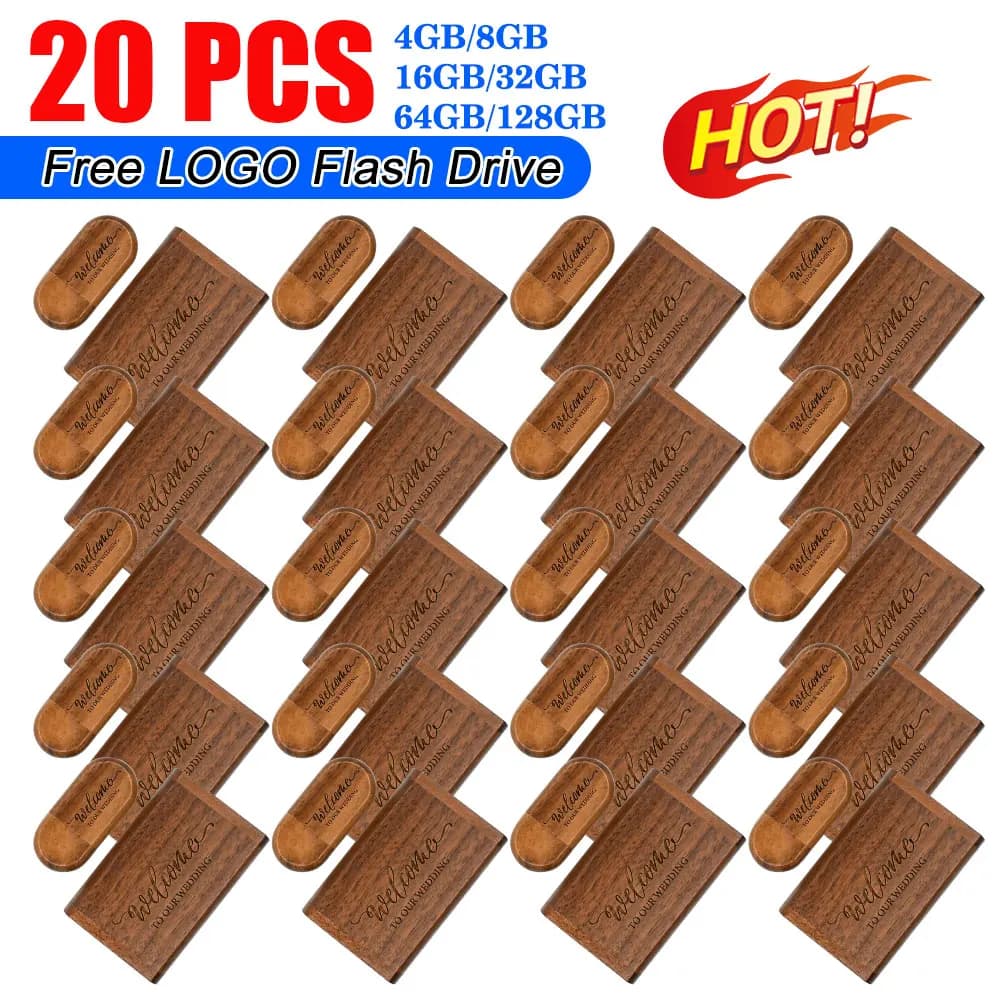 20 pz/lotto (LOGO Personalizzabile) Chiavetta USB 2.0 Chiavetta USB in Legno 4GB 8GB 16GB 32GB 64GB 128GB Memory Stick Regalo di Nozze