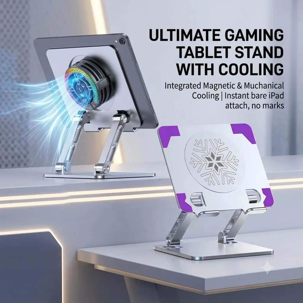 Tablet stand,Alloy Tablet Holder with Semiconductor RGB Cooler Fan Foldable Desktop Bracket for Gaming Drawing 8‑13 Inch Tablets
