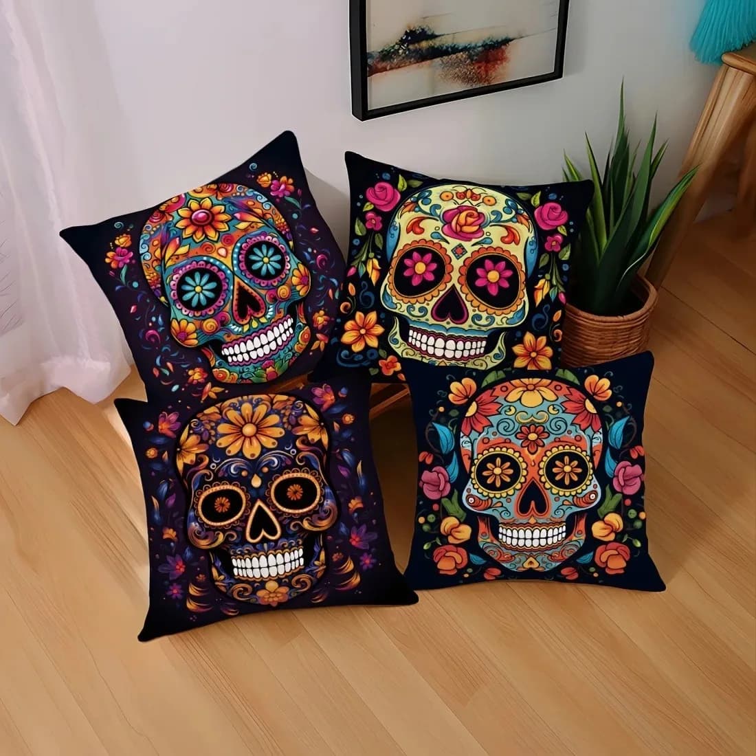 Spooky Halloween Pillow Covers - Colorful Sugar Skull Printed Cushion Cases, Pillow Cover for Sofa Living Room