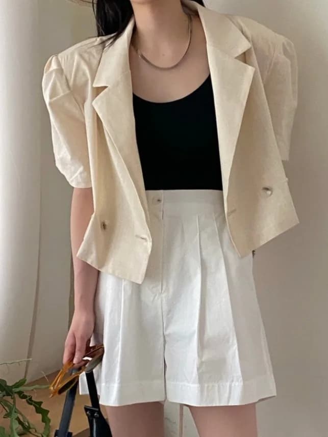 Loose Bubble Sleeve Short Sleeve Jacket Women's Korean Style Back Belt Design Summer New Chic Open Cardigan Top