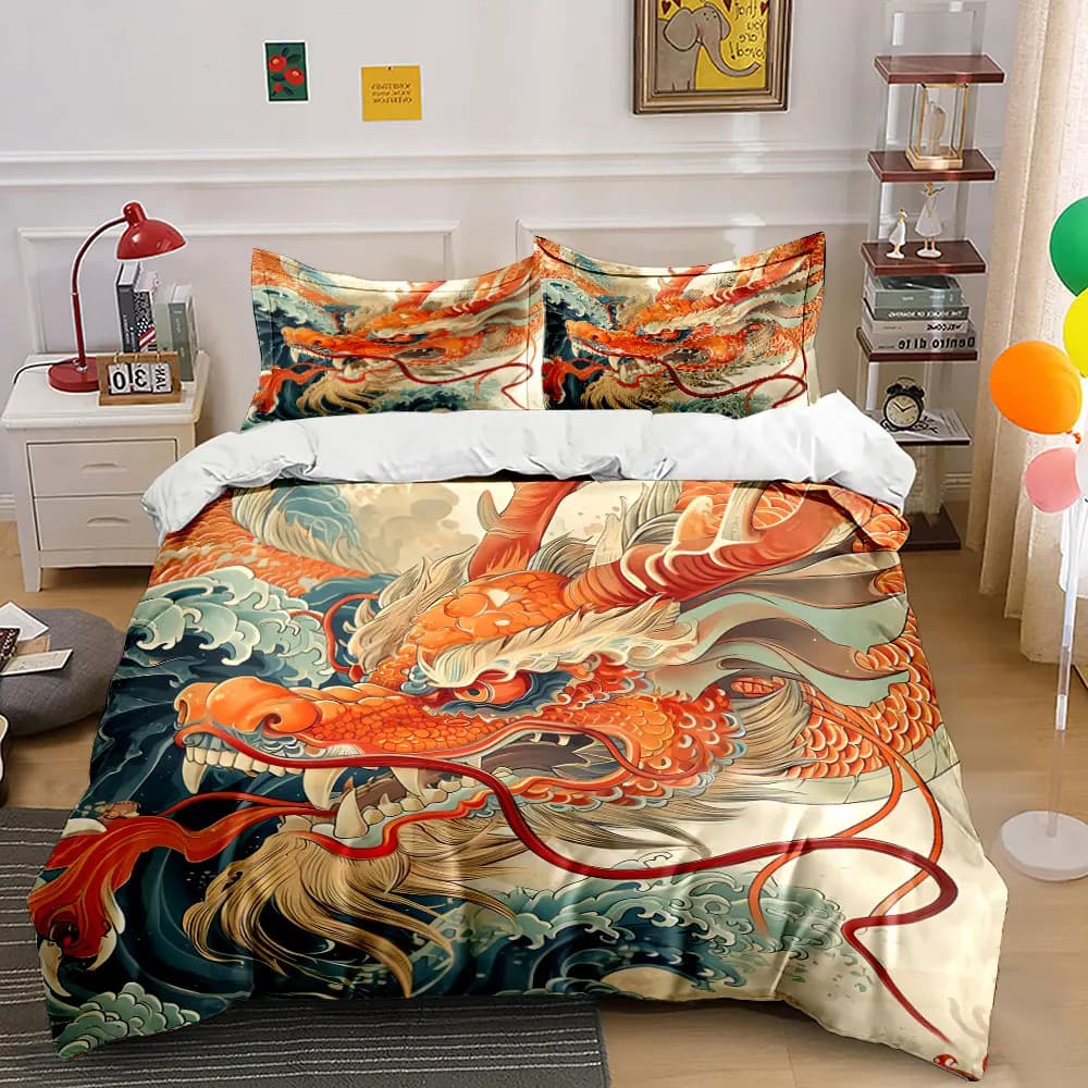 Set copripiumino 3 pezzi con drago rosso cinese e onde oceaniche, biancheria da letto tradizionale con arte popolare orientale, singolo, matrimoniale, king, queen, regalo