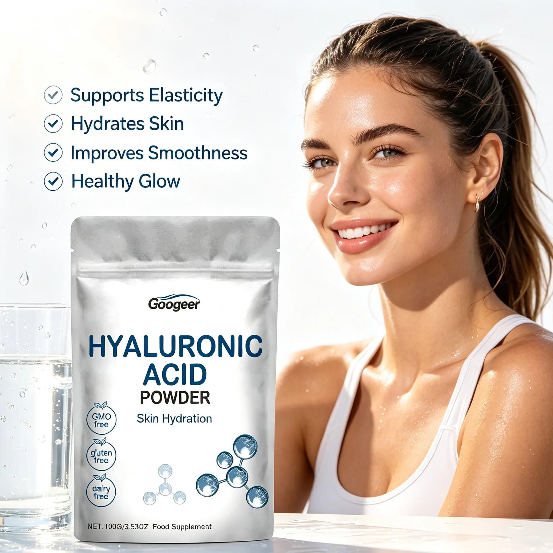 Oral Hyaluronic Acid Protein Powder Skin Elasticity Booster Hydrate Nourish Skin Beauty Dietary Supplement for Women Daily Drink