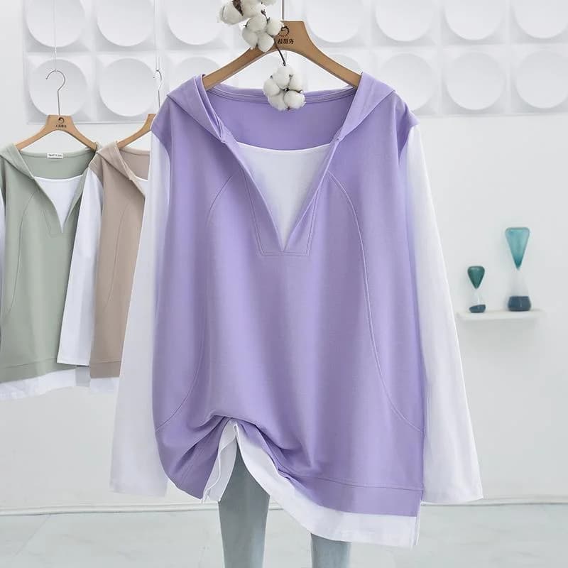 plus Size Hoodie Casual Loose Splice Long Sleeve Sweatshirt Trendy Spring Autumn plus Size Women's Clothing Korean Style Comm...
