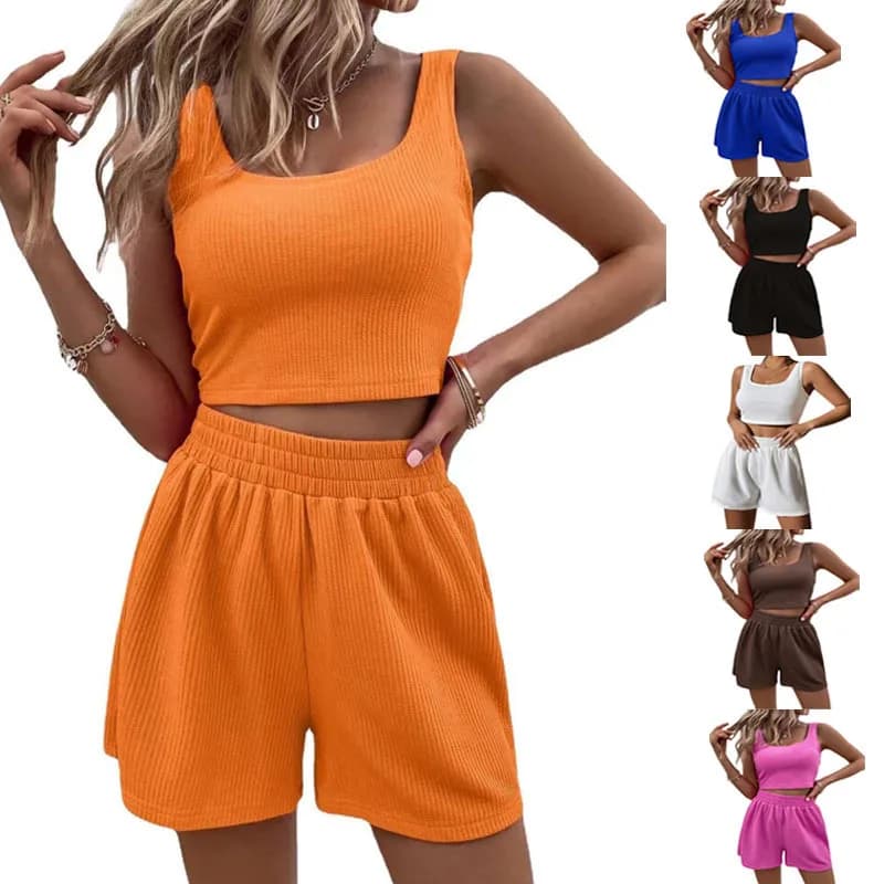 Summer Sweet Style Knitted Sleeveless Casual Pure Color Fashionable Women's Set Casual Sportswear for Ladies