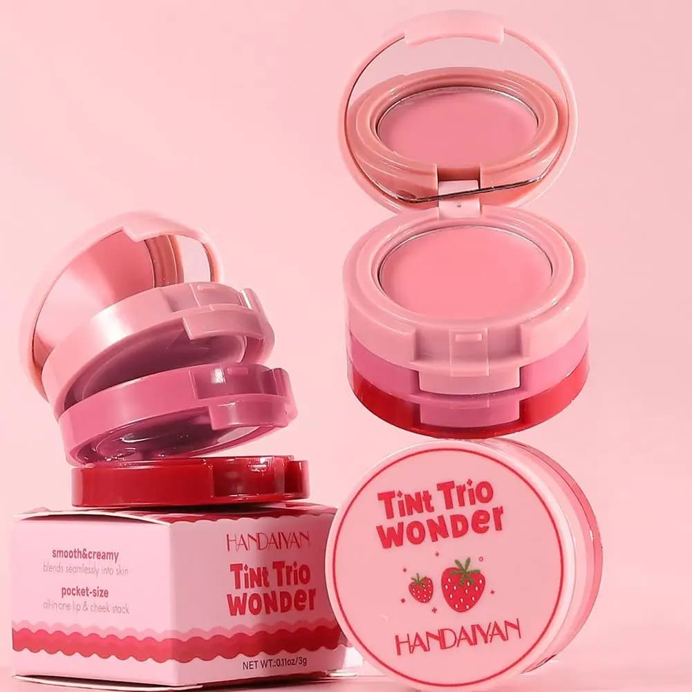 Palette Trucco Multiuso 3-in-1, Vassoio Pieghevole 3 Colori per Blush Opaco, Mousse Labbra Effetto Velluto per Guance, Labbra e Occhi