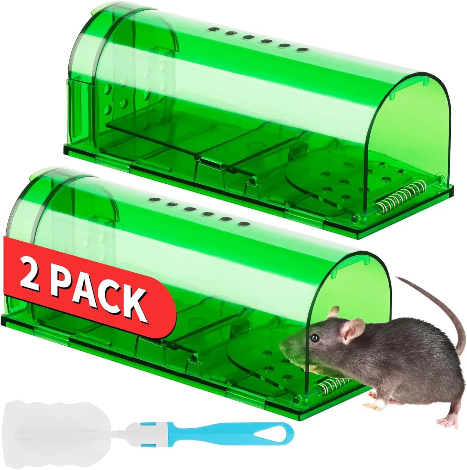Trappole Umane per Topi (Confezione da 2) - Cattura e Rilascio, Riutilizzabili con Spazzola per la Pulizia, Sicure per Animali Domestici, Controllo Roditori per Interni ed Esterni