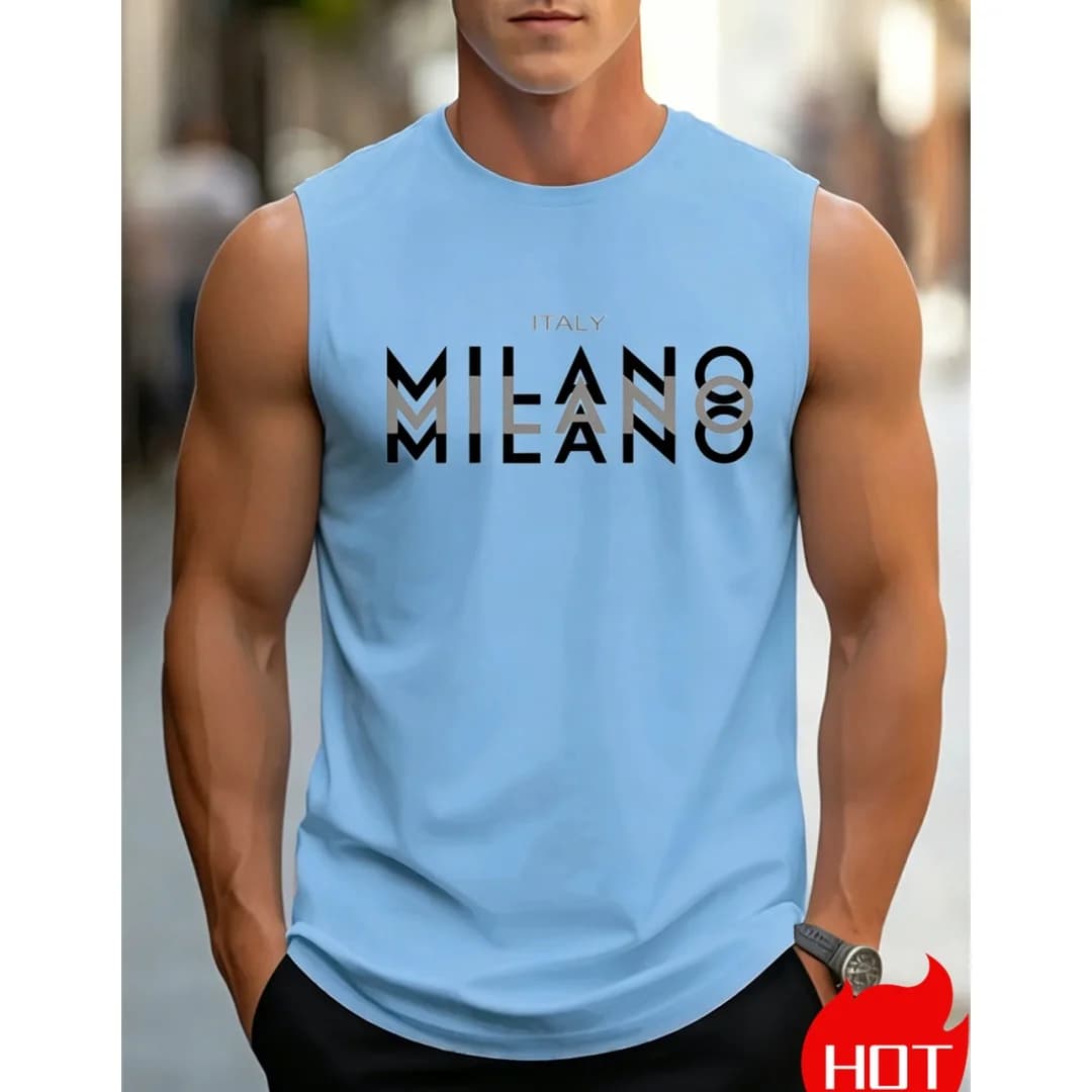 summer Men's sleeveless T-shirt casual sport men's t-shirts and tank tops loose MILANO pattern print round neck T-shirt top vest
